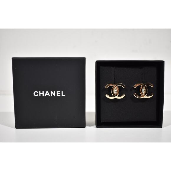 Chanel 23S Gold Crystal Interlocking CC Logo Classic Drop Statement Stud Earring - Picture 2 of 11